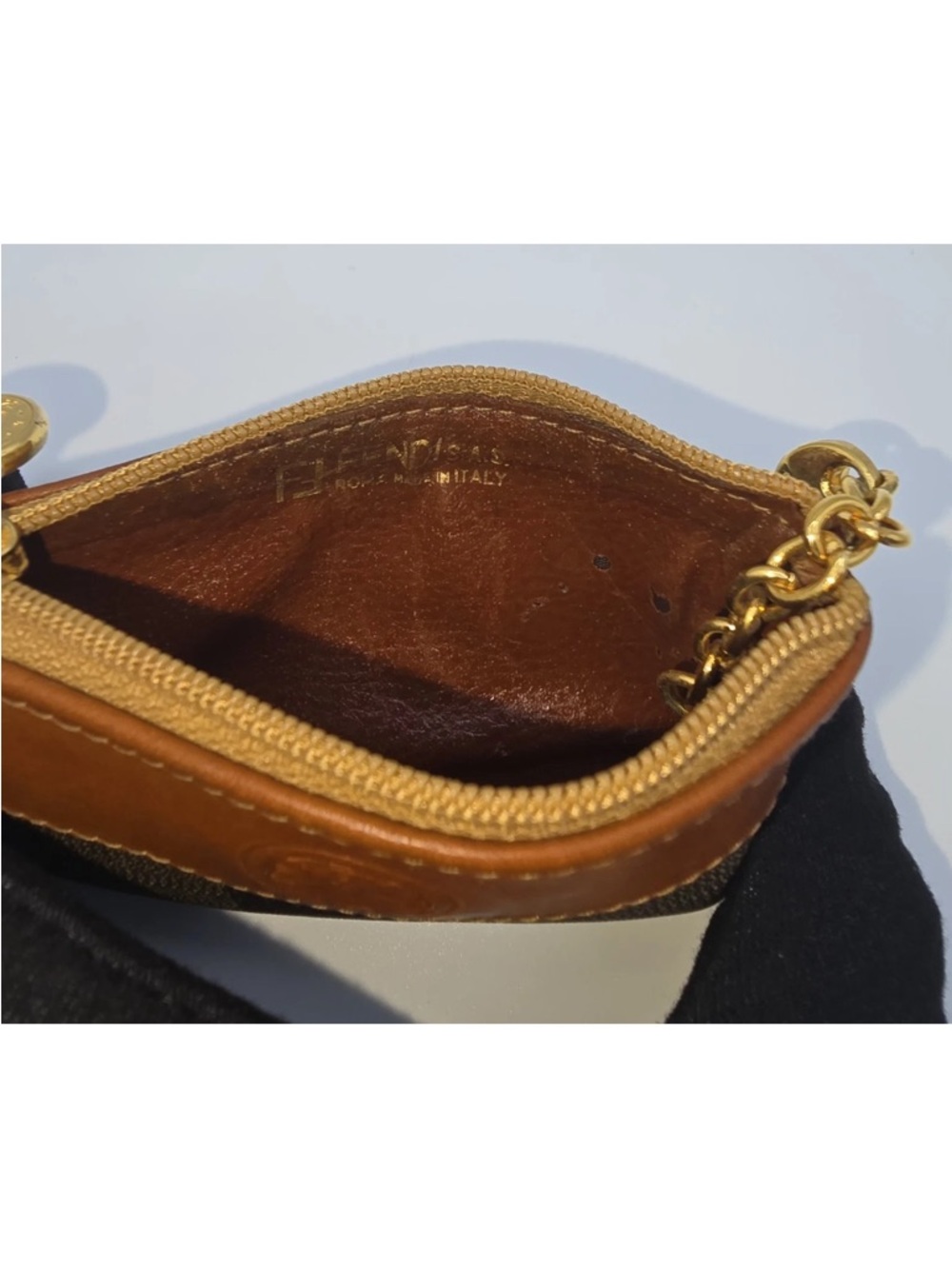 Fendi Pequín Brown Leather Trim Striped Canvas Coin Keys Pouch w/ Gold Hardware - Picture 5 of 11